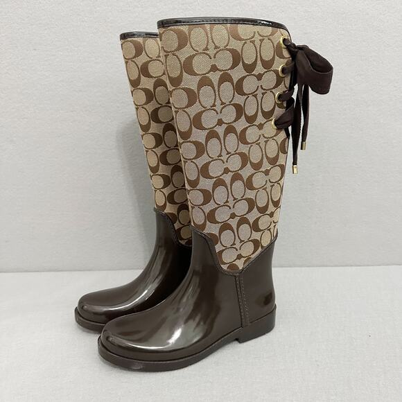 Coach Shoes - Coach Tristee Tall Rain Boot Brown Signature Jacquard Equestrian Corset Lace 7B